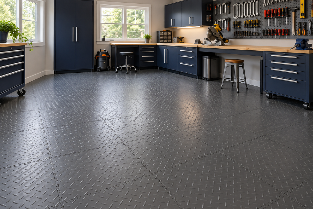 Dark Gray Diamond Plate Interlocking Vinyl Floor Tile