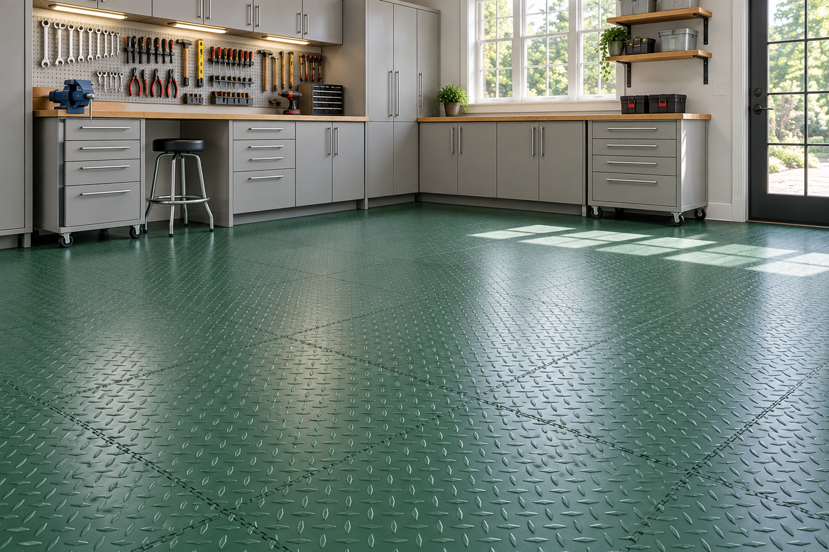 Green Diamond Plate Interlocking Vinyl Floor Tile
